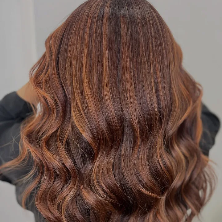 Melena cobriza en ondas, vista de espaldas